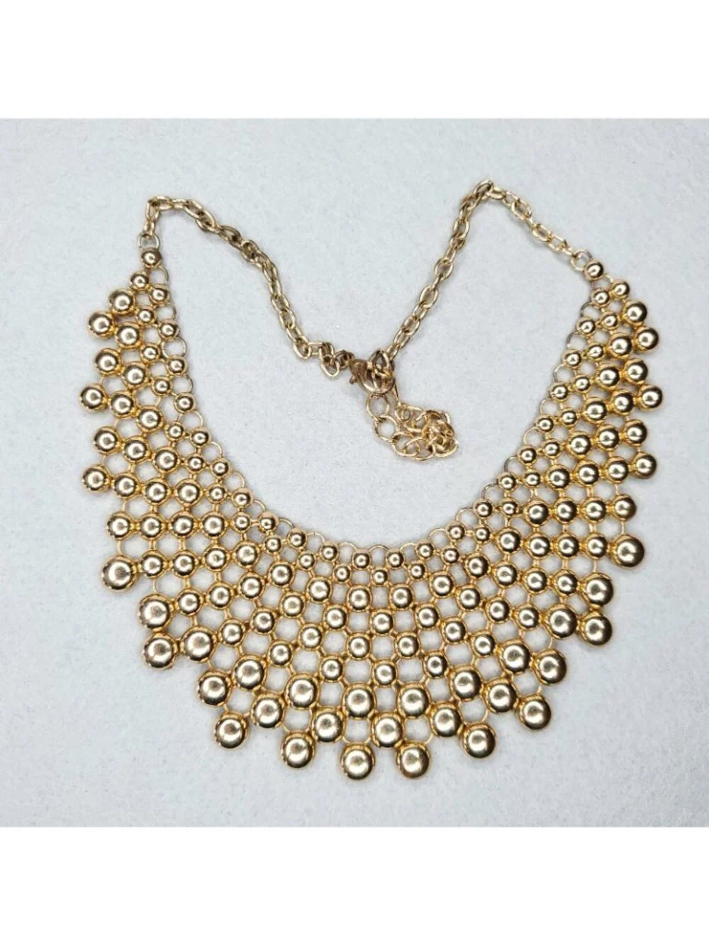 Gold Tone Bib Necklace Statement Metal Round Domes 17